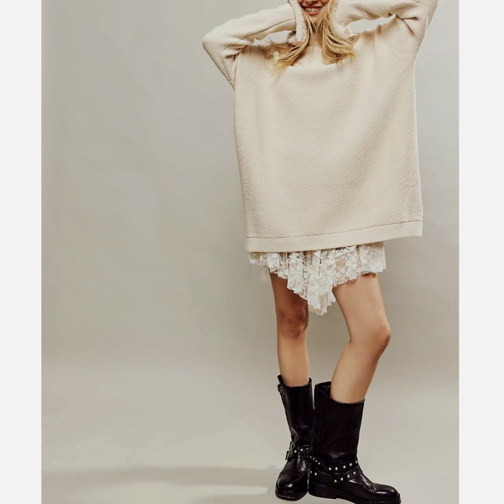 FREE PEOPLE ECRU OTTOMAN SLOUCHY RIBBED TUNIC SWEATER
